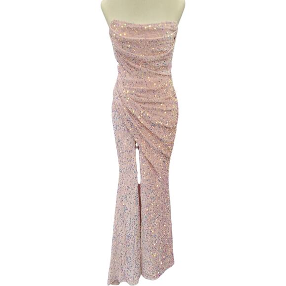 NWT Light Pink Strapless Sequin Evening Gown with Corset Back on Velvet Fabric - Picture 1 of 13